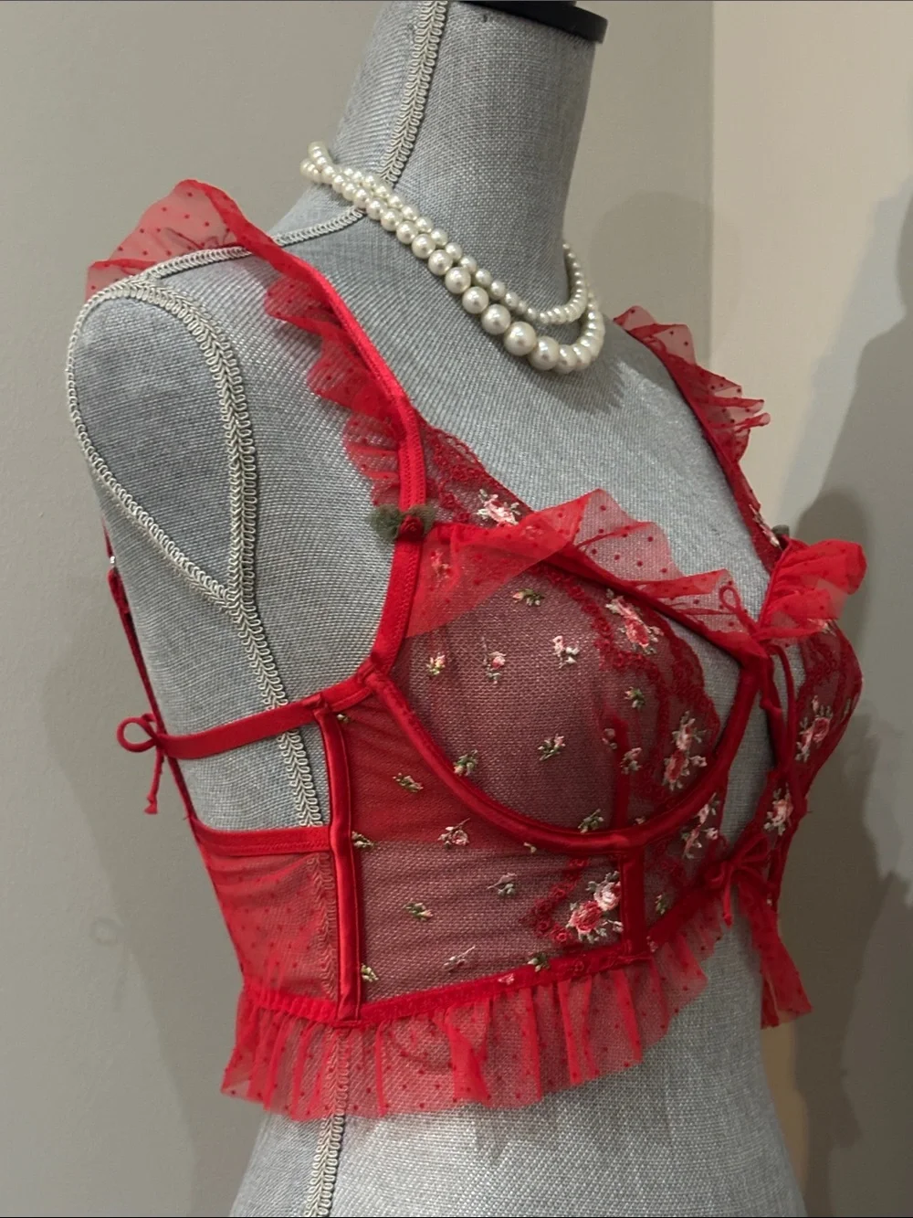 Love & Lemons Rouge Underwire Bustier featuring red lace, floral embroidery
